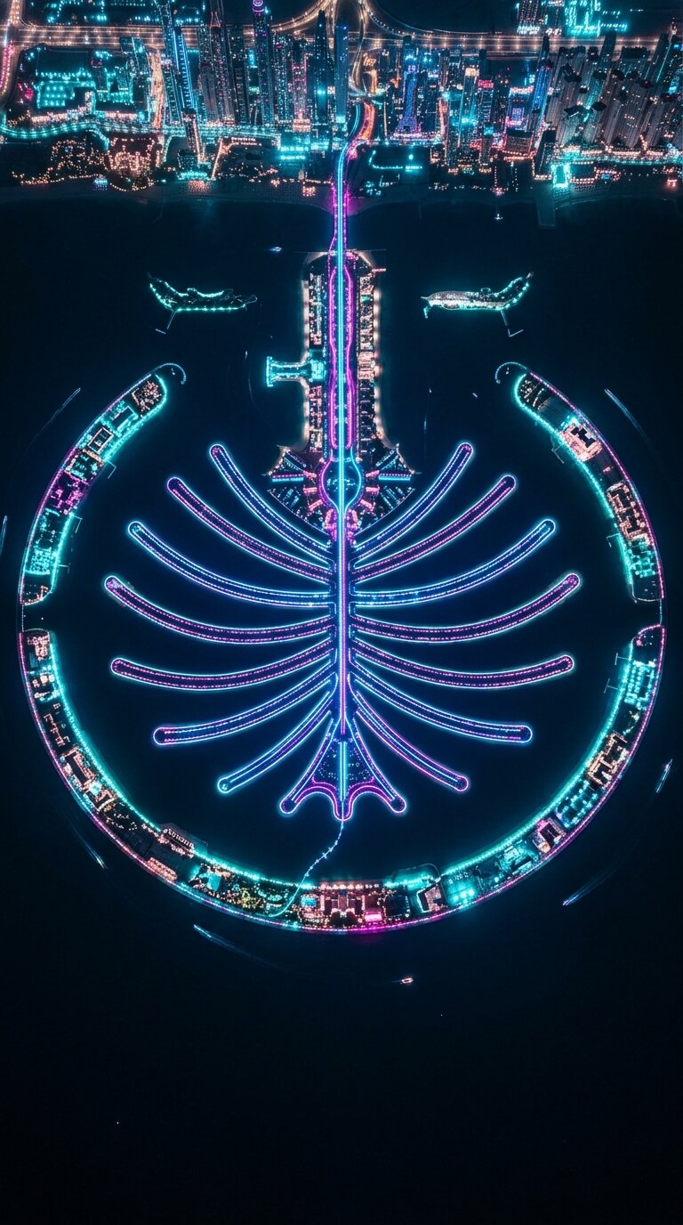 Aerial night view of Palm Jumeirah lit up in blue and purple